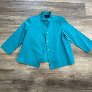 Lafayette 148 Womens Blazer Jacket Size L Teal Blue Stand Collar Cotton